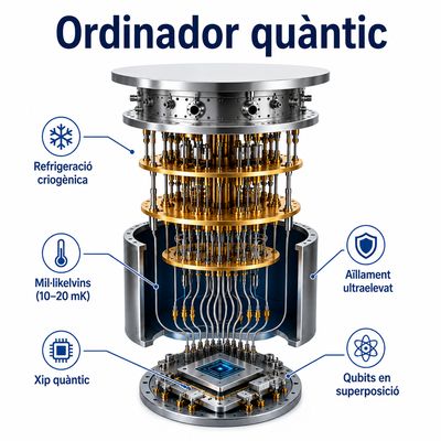 Ordinador quàntic amb sistema de refrigeració criogènica i xip quàntic situat a la part inferior.