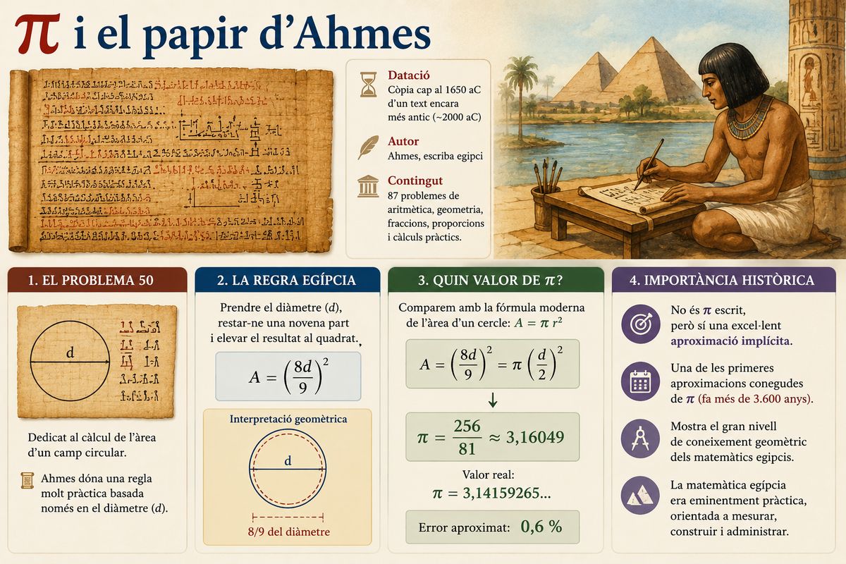 Infografia sobre el papir d'Ahmes i l'aproximació egípcia del nombre π mitjançant el càlcul de l'àrea d'un cercle.