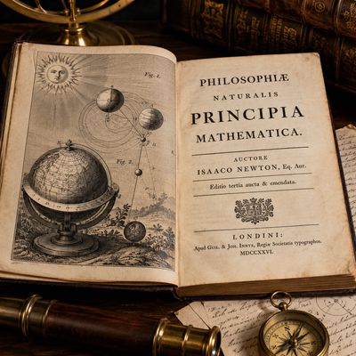 Llibre original Principia de Newton obert amb il·lustracions científiques clàssiques