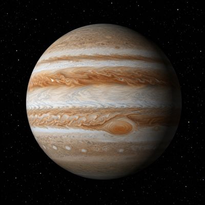 Planeta Júpiter amb bandes atmosfèriques i la Gran Taca Vermella visible sobre fons estrellat