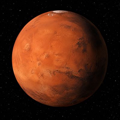 Planeta Mart vist des de l'espai amb superfície rogenca, cràters i casquet polar visible