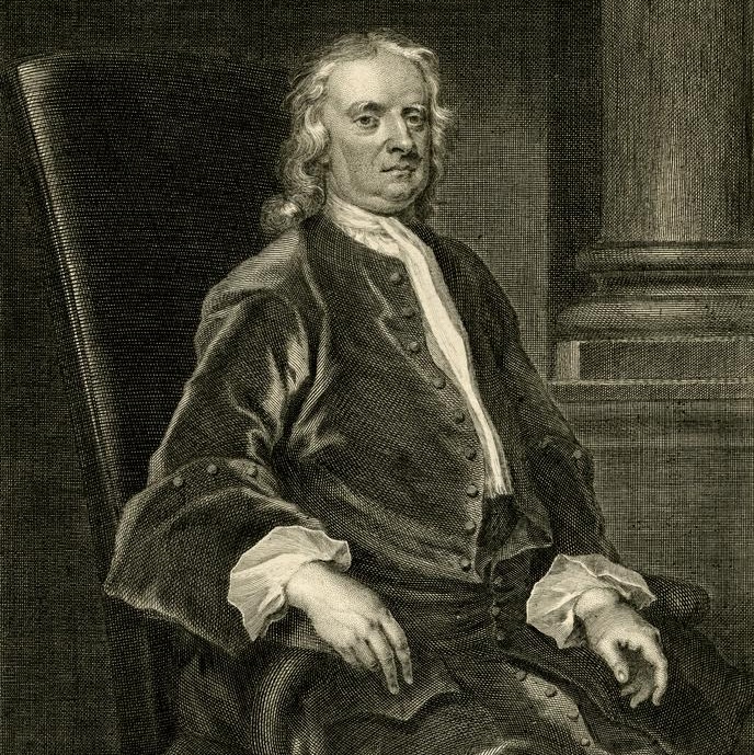 Retrat de Sir Isaac Newton de tres quarts de cos, assegut en una butaca, a la dreta, amb abric fins al genoll i mocador al coll, amb els cabells blancs fins a les espatlles, una columna al fons. Segons Vanderbank, frontispici de la seva obra 