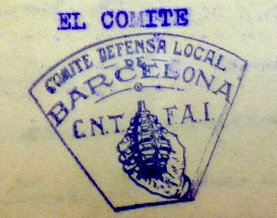 Segell del Comitè de Defensa Local de Barcelona de la CNT-FAI durant la Guerra Civil.