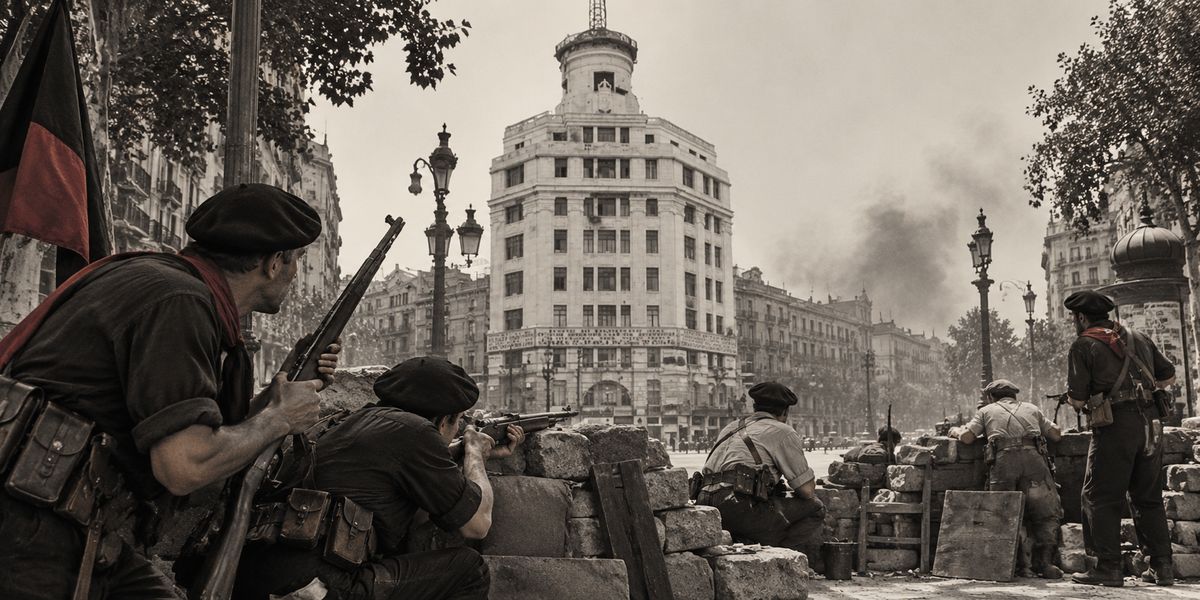 Milicians de la CNT darrere una barricada davant l'edifici de la Telefònica durant els Fets de Maig de 1937.