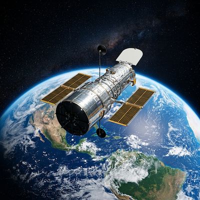Recreació realista del telescopi espacial Hubble amb el seu cos cilíndric platejat i panells solars estesos, surant sobre la curvatura de la Terra on es distingeixen els continents americà i l'oceà.