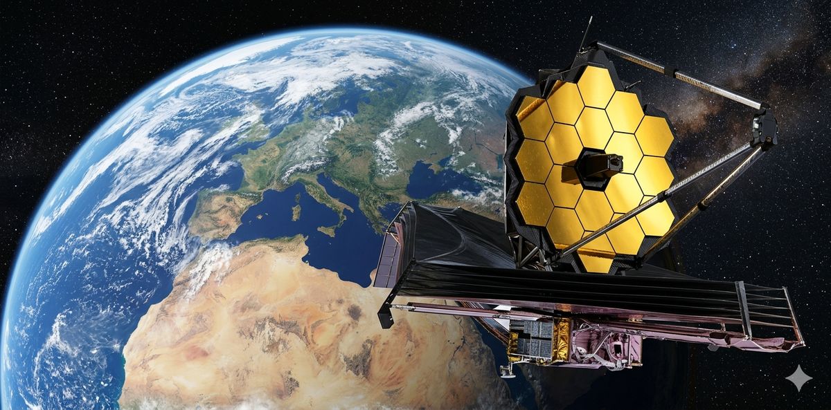 Una representació del telescopi espacial James Webb amb els seus miralls hexagonals daurats desplegats