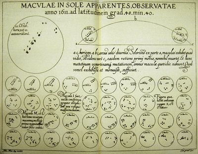Làmina astronòmica del segle XVII amb observacions de taques solars de l'any 1611, que mostra la seva distribució i desplaçament sobre el disc solar.