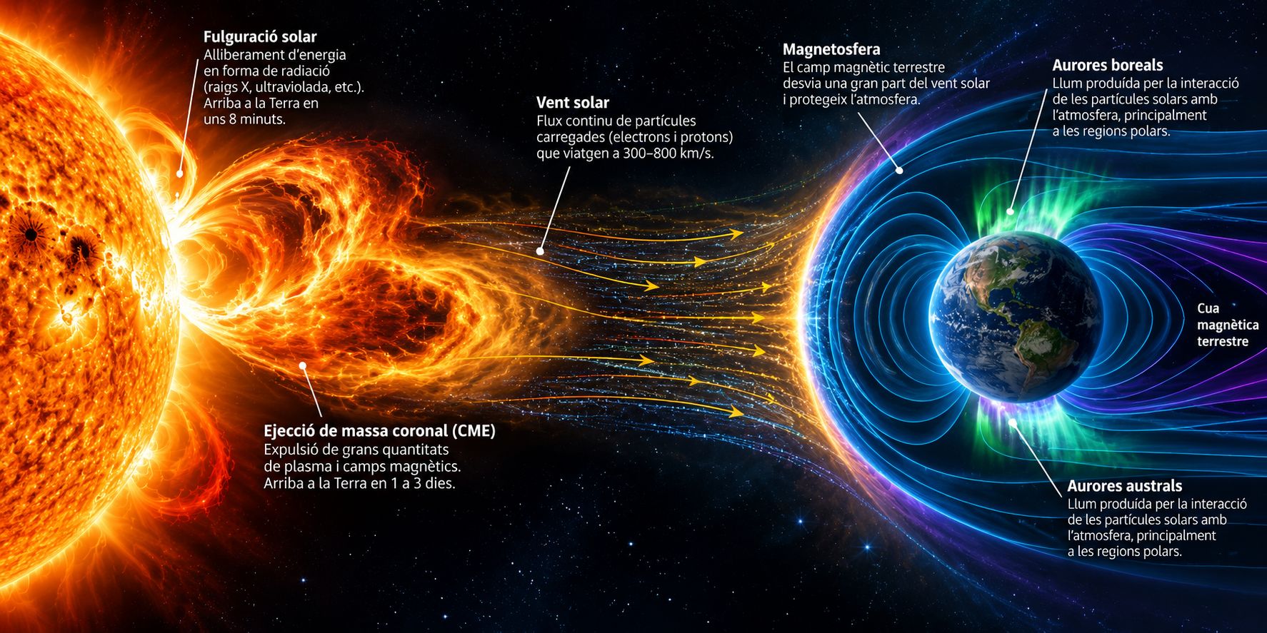 Infografia de l'activitat solar que mostra una ejecció de massa coronal, el vent solar i la seva interacció amb la magnetosfera terrestre, provocant aurores boreals i australs.
